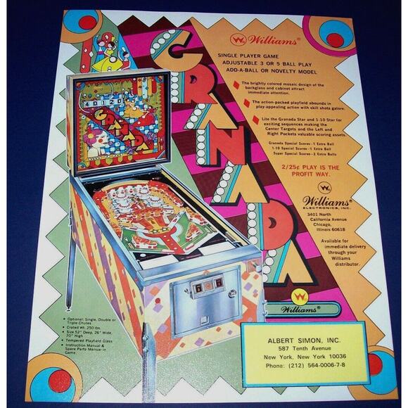 Granada Pinball FLYER Original NOS 1972 Game Artwork Sheet Spain Themed - Picture 1 of 1